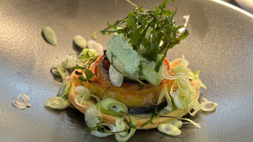 Wildkräuterwanderung und regionale Naturküche Kunstvoll angerichtete Vorspeise mit Kräutercreme und Frühlingszwiebeln auf Teller
