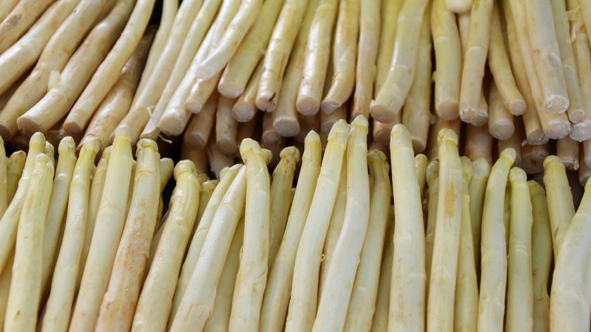 Rezept: Tiroler Spargel mit Sauce Hollandaise Nahaufnahme von frischem weißem Spargel in Reihen